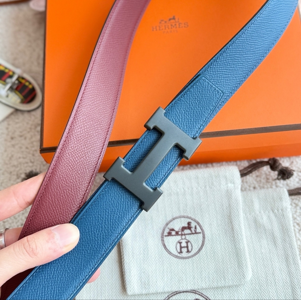 Men's Hermes Blue/red Reversible Leather Belt - Picture 6 of 9
